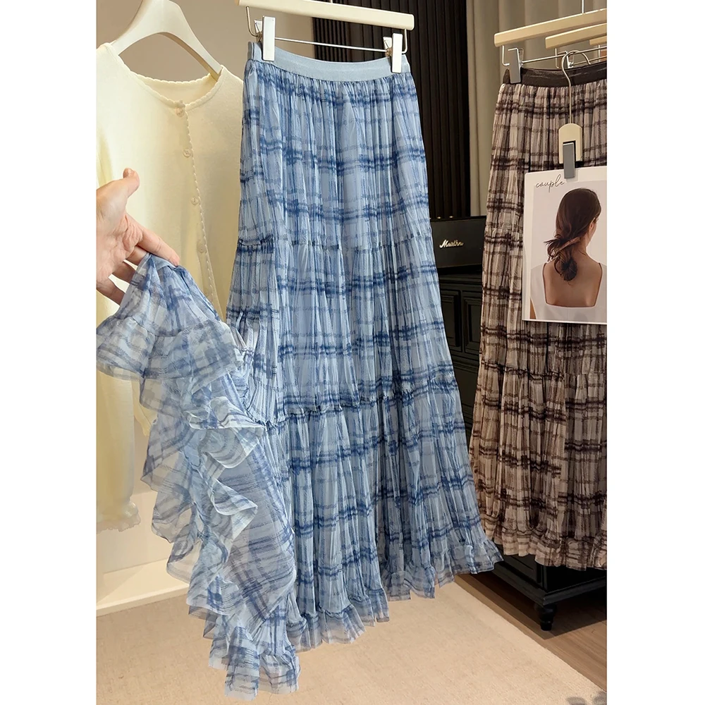 

Женская шифоновая макси-юбка с высокой талией для летнего отпуска, пляжная юбка, повседневная, с оборками по низу, многоярусная, А-силуэт, широкая, из фатина, длинная