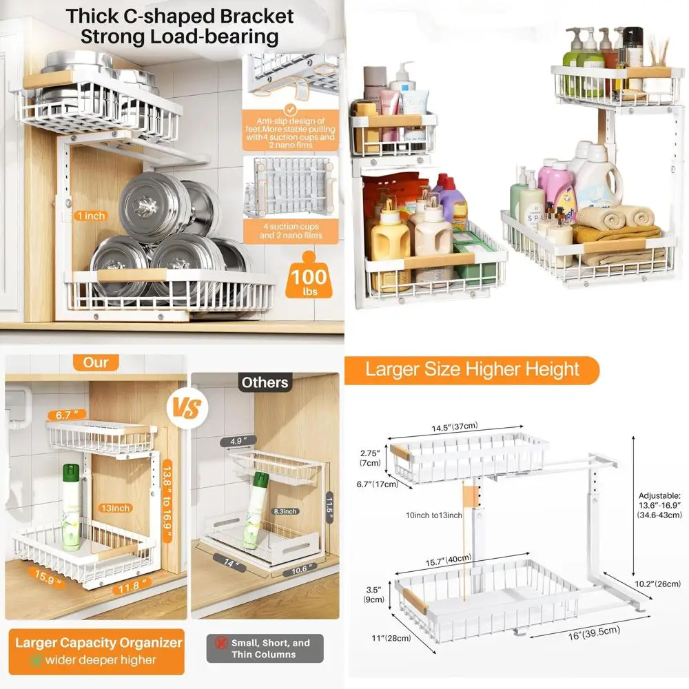 

2-Tier Adjustable Height Pull-Out Under-Sink Organizer, Thickened Metal Storage for Kitchen, Bathroom, and Laundry, White