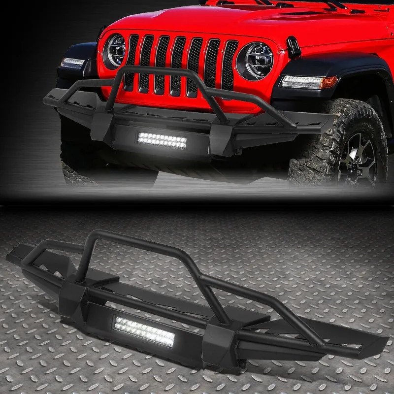 

US FOR 2018 2019 JEEP WRANGLER JL STEEL FRONT BUMPER BRUSH GUARD W/LED FOG LIGHT BAR