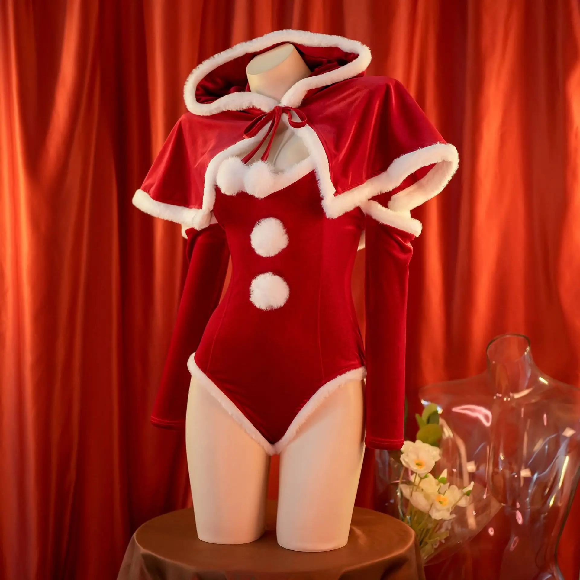 Christmas Bunny Girl costumi Cosplay donna body Sexy con mantello con cappuccio calza babbo natale uniforme camicia da notte di natale
