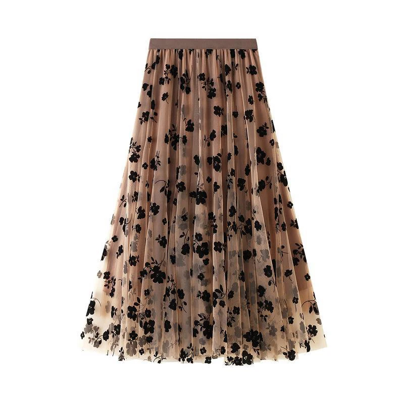 Elegant Floral Women Tulle Skirts High Waist Korean Flocking Pleated Midi Skirts Mesh Summer Office Ladies Skirt New