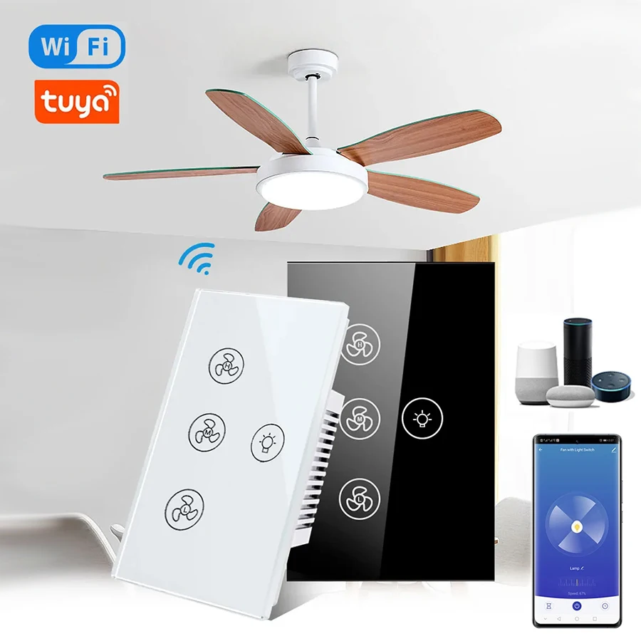 

Tuya WiFi Ceiling Fan Light Smart Switch Touch Interruptor Smart Home App Remote Speed Control Works With Alexa Google Home