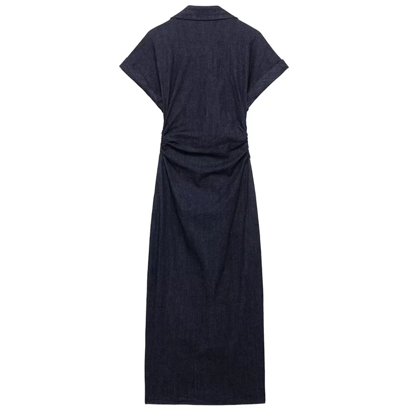 レディースデニムワンピース 夏 2025 ボタン ボディコン ブルー ドレス ラッフル バットウィングスリーブ ロングドレス シック カジュアル ビーチ ワンピース 066