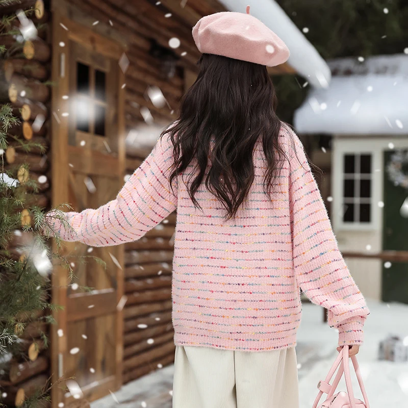 Fashion Kids Colorful Striped Half Turtleneck Sweater For Girls Spring Multi-colored Knitted Clothing Child Red Pink Knitwear