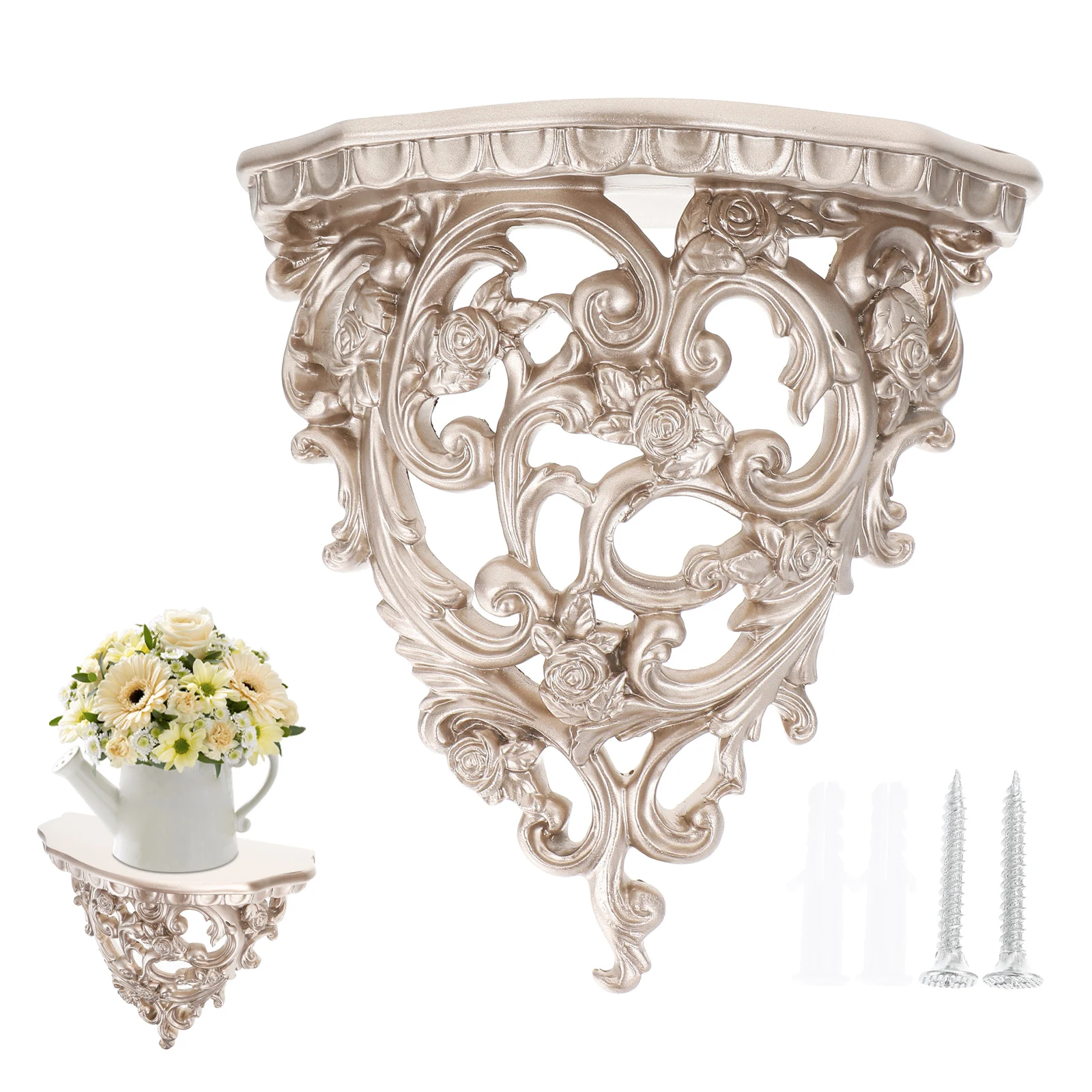 

1Pcs Retro European Hollow Carving Wall Flower Shelf Gold Decorative Floating Shelf Wall-Mounted Home Decor Living Room Ornament