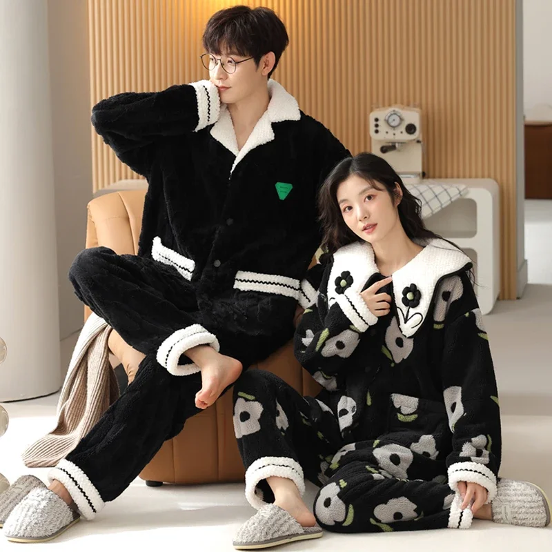 Black Color Sleepwear Winter Warm Couple Pajama Sets Mens Pyjama Loungewear Women Sleepwear Plus Size Trousers Sleepwear Lover