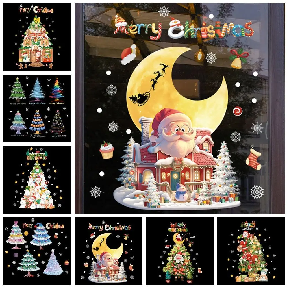 Multicolor Christmas Electrostatic Stickers Santa Clause Reindeer Cartoon Shopwindow Decals DIY Gifts Xmas Tree Sticker Festival