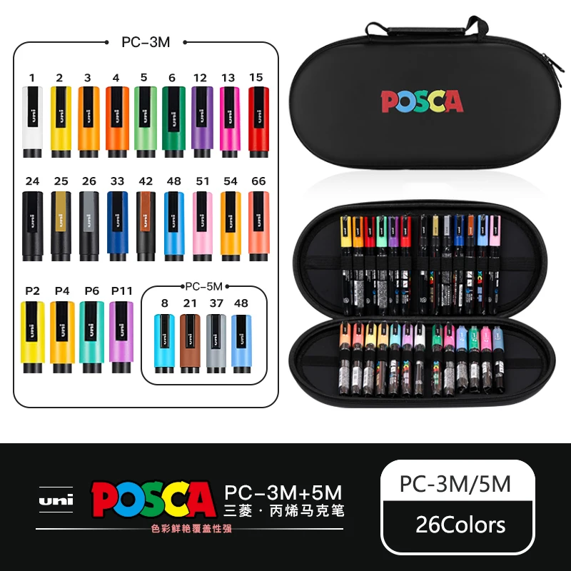 POSCA acrylstiften georganiseerd in tassen, 0,7-2,5 mm schoolkleurpennen, handige originele Japanse professionele kunstverfbenodigdheden - afbeelding 1