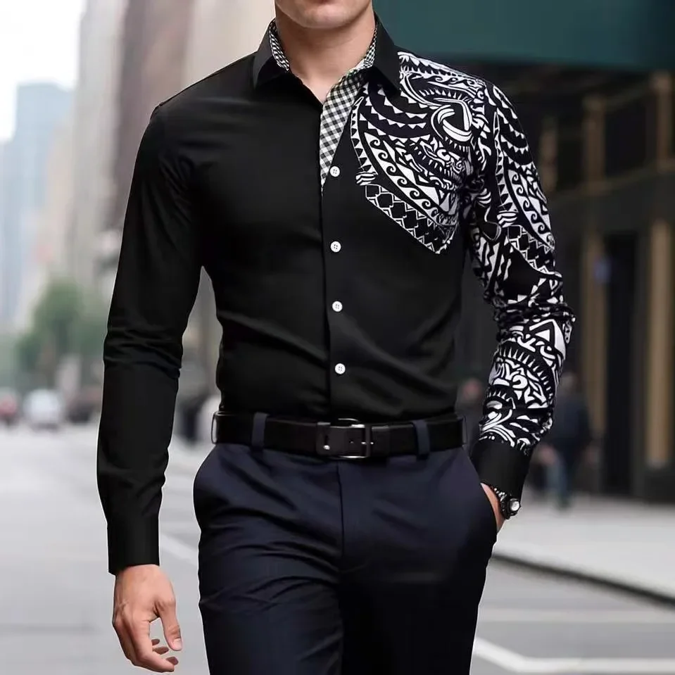 Men's Classic Simple Lapel Long Sleeve Shirt Button 3D Printed Plant Striped Slim Shirt Business Casual Top Suit Shirt