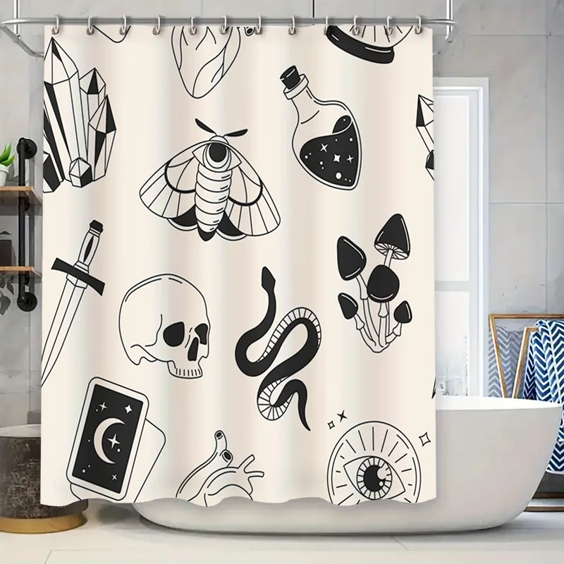 

Modern Style Fantasy Gothic Black White Witchcraft-themed Shower Curtain Waterproof Bathroom Decoration Accessories Home Decor W