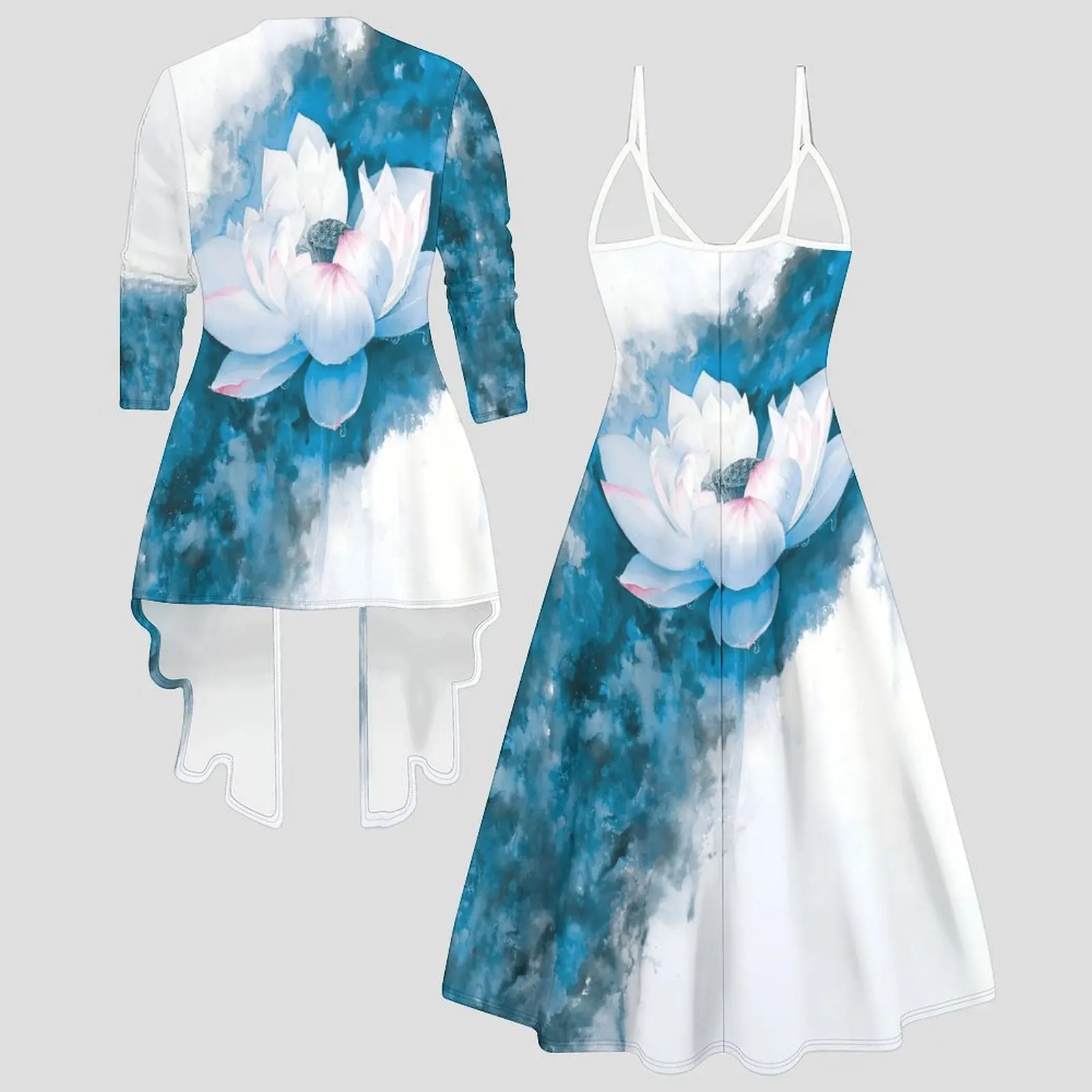 Print Two Piece Set Women Midi Dress 3/4 Sleeve Cardigan Daily Slip Dress Vacation Matching Outfit Irregular Hemline Coat