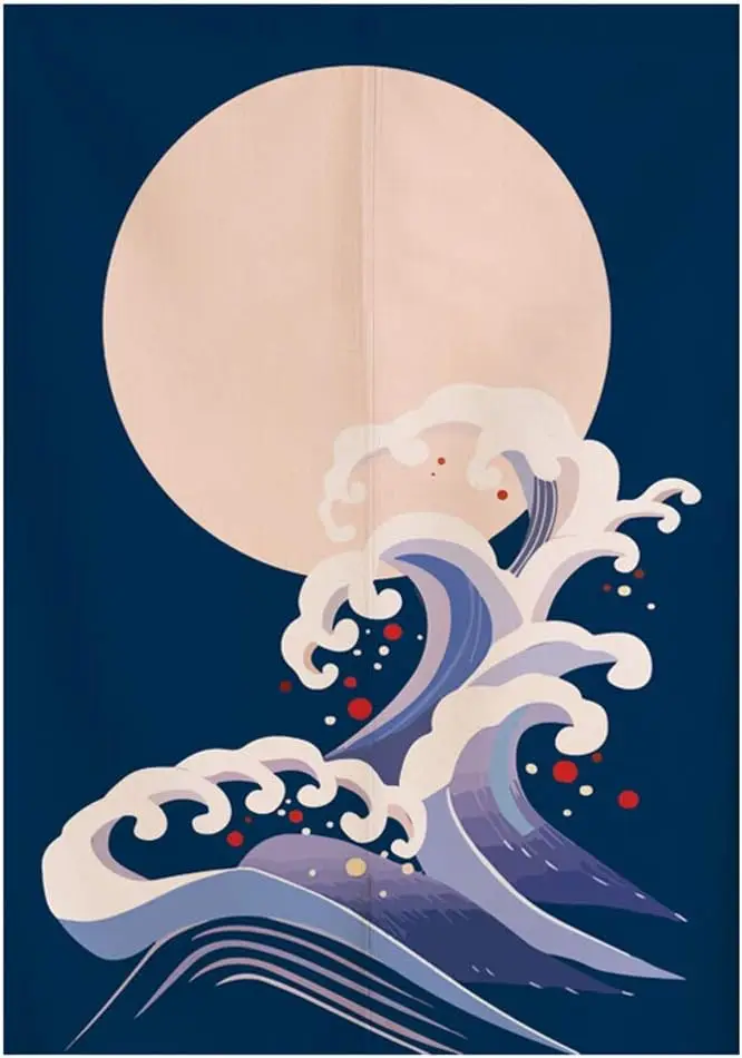 Japanese Seigaiha Wave & Moon Noren Curtain, Navy Blue Wave & Full Moon Print, Japanese Door Curtain for Home Entrance Zen Decor
