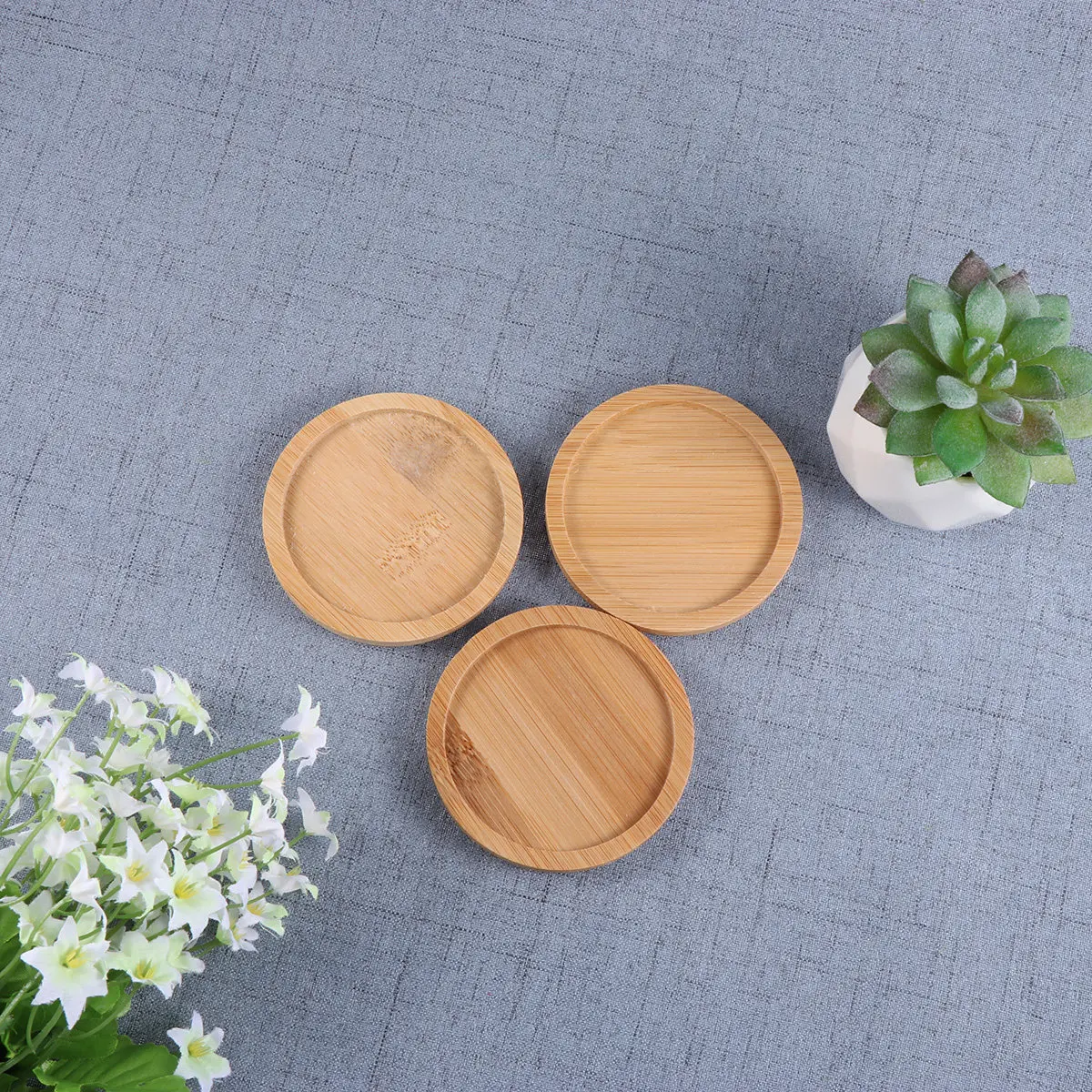 3Pcs Bamboo Round Tray Set Mini Size Flowerpot Saucer for Succulent Plants Home Decoration Insulation Pad Serving Plate