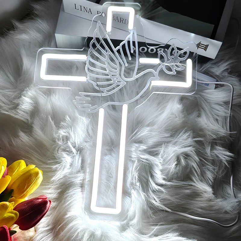 Christian Religious Neon Sign LED Cross Dove Acrylic Lights Decoration Church Wall Neon Lamps Home Festival illuminated Signs