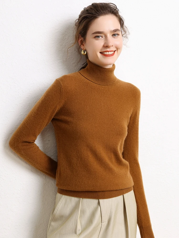 Nouveau femmes 100% pull en cachemire à manches longues col roulé pulls automne hiver chaud décontracté cachemire tricots solide bas hauts
