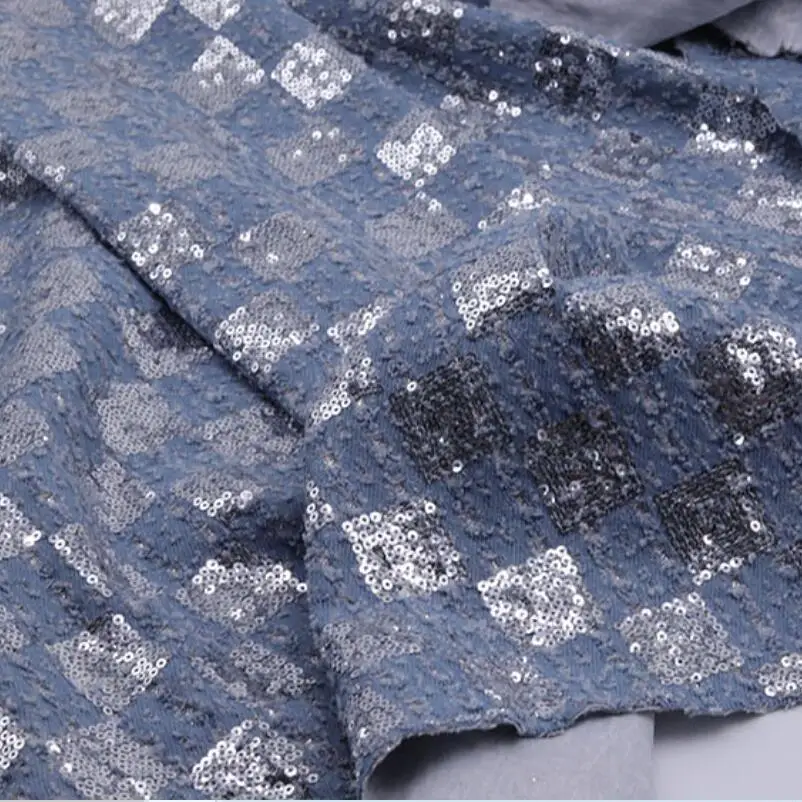 Glitzer Schachbrett Denim Stoff mit Pailletten bestickten Perlen gewaschen hochwertige Materialien für Kleid Rock Tasche Kleidungs stück DIY