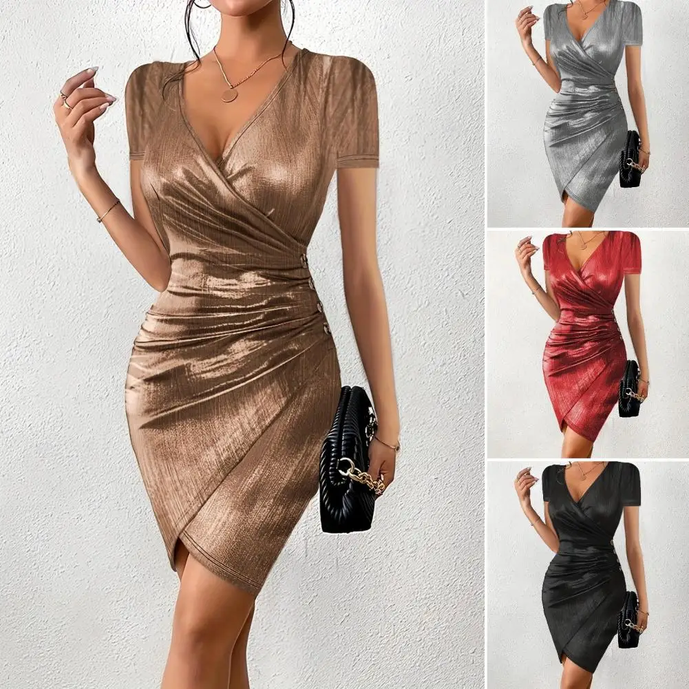 

Club Mini Dress Elegant Pleated Sheath Mini Dress Deep V Neck Slim Fit Glossy Surface for Women's Club Party Women V-neck Slit