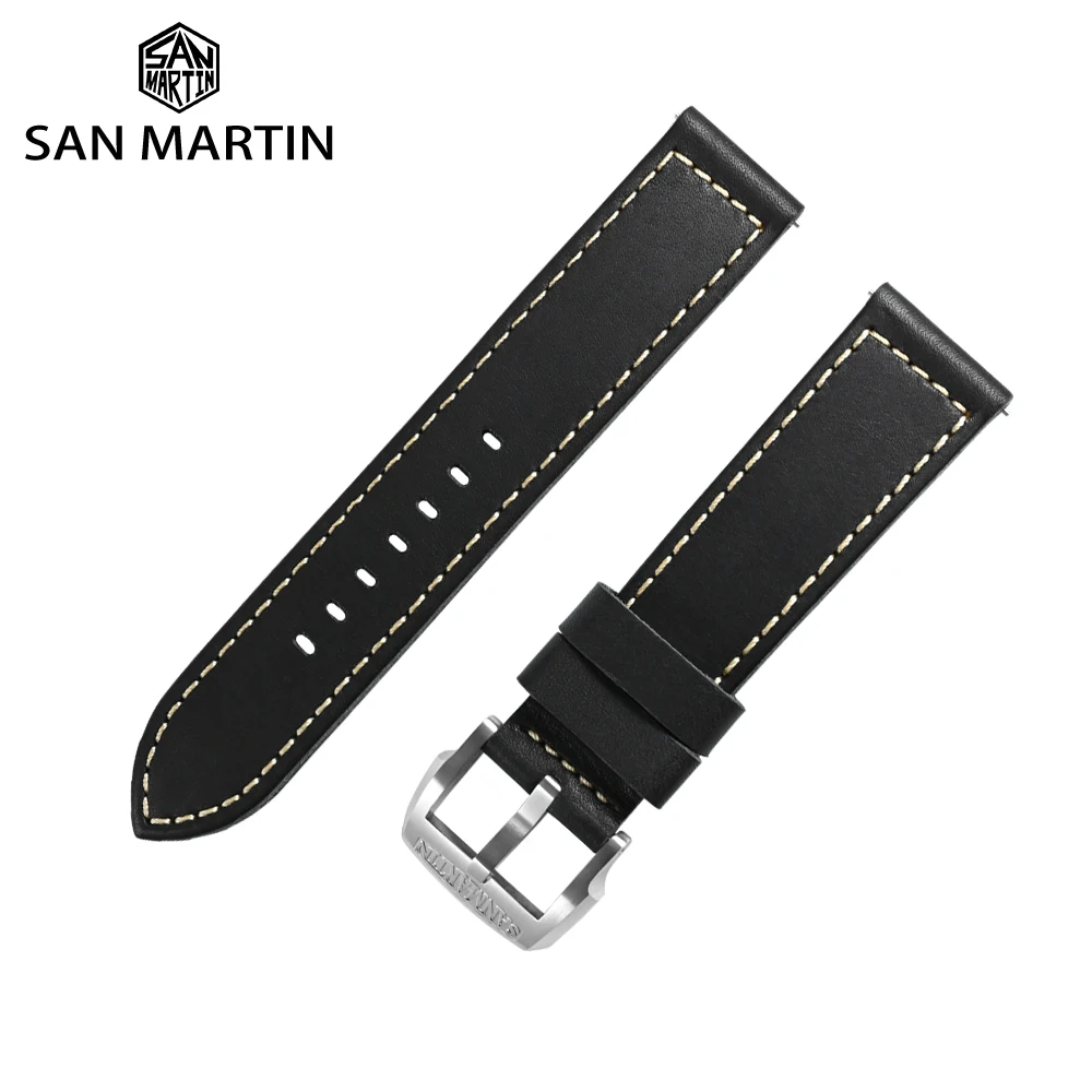 San Martin Watchband 22mm Quick Release Leather Strap Baha Calfskin Western Black Watch Band Steel Pin Buckle Soft Vintage