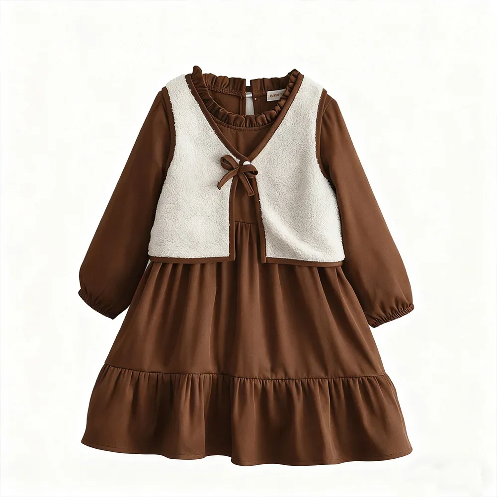 Girls Suit 2026 Spring And Autumn New Childrens Clothing Girls Baby Maillard Color Long-sleeved Dress Vest Two-piece Set