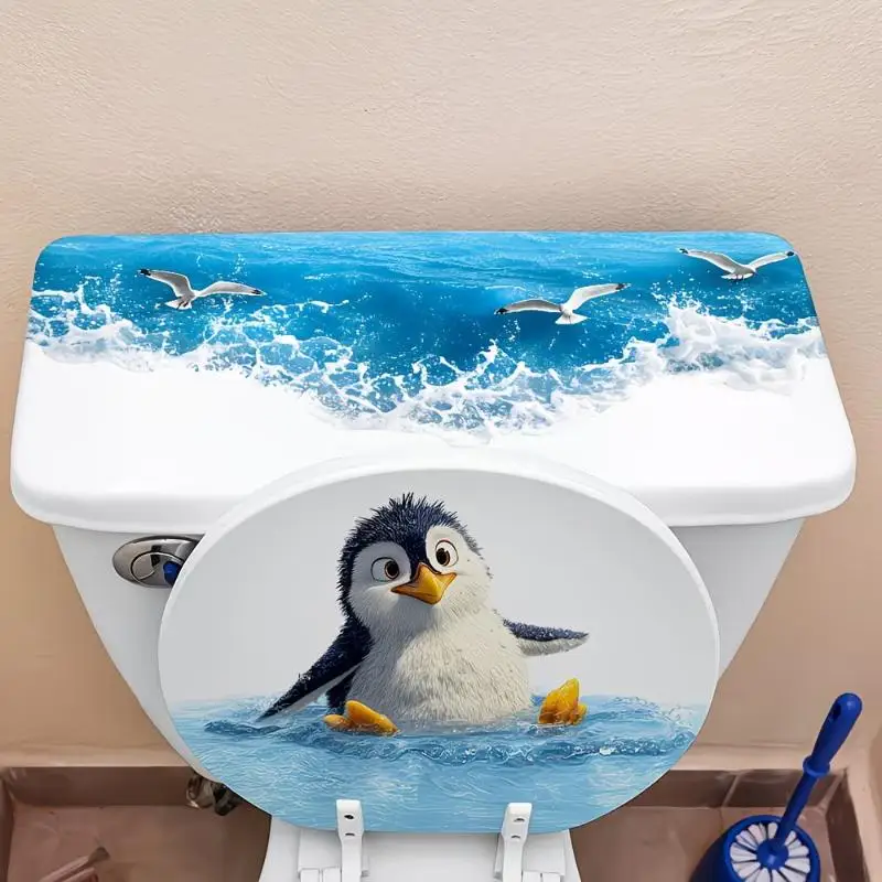 【S】Cute Swimming Penguin Toilet Sticker Toilet Lid Tank Sticker Bathroom Wall Sticker Self-Adhesive Removable Decals Home Decor