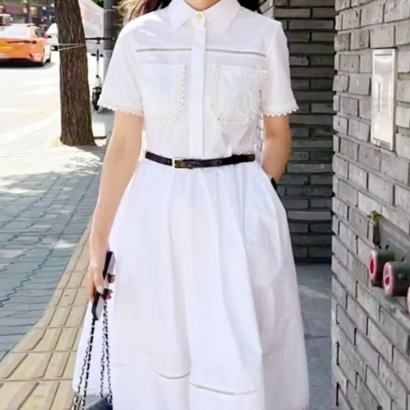 New Women Summer Vintage Shirt Dress Korean Style 2023 Chic Lace Trim Lapel High Waist A-line Female Casual Long Dresses Elegant