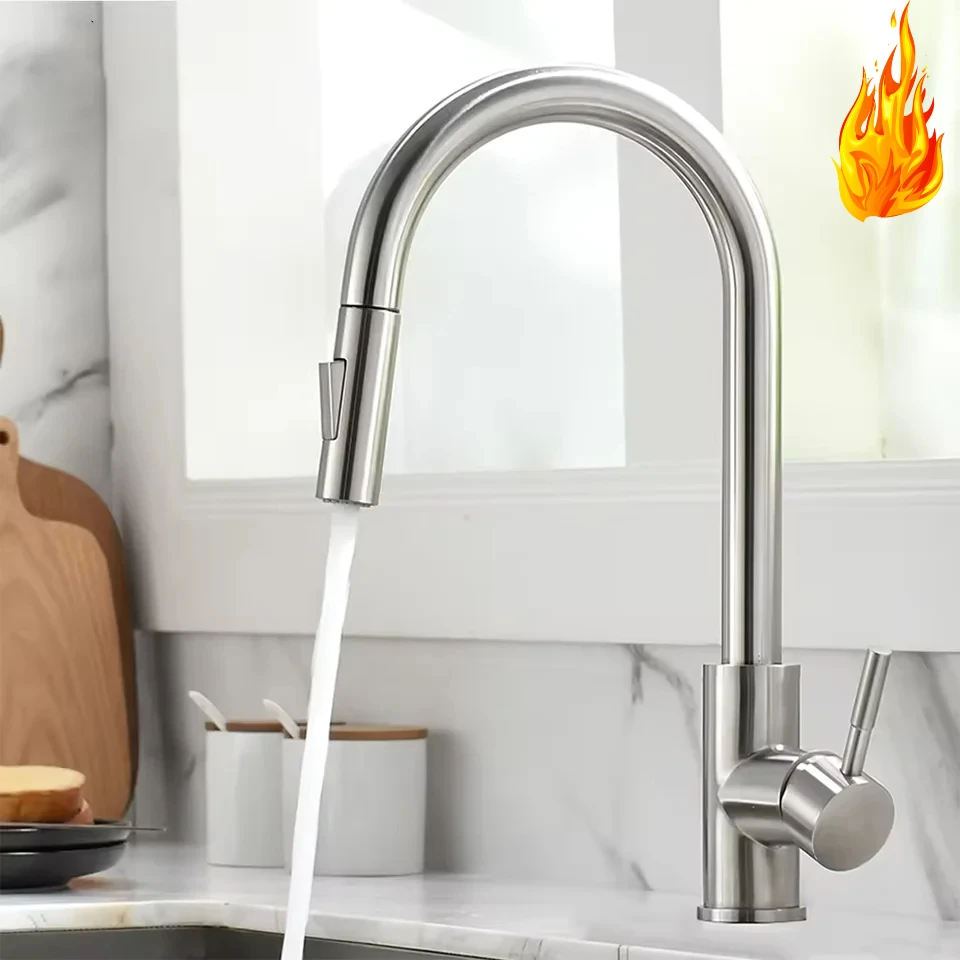 

Кухонный смеситель из матовой нержавеющей стали - выдвижной распылитель, кран с одним отверстием для раковины, водосберегающий дизайн под высоким давлением