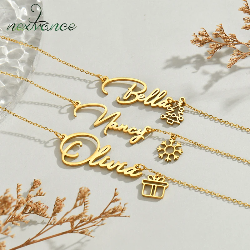 Nextvance Custom Name Necklace Christmas Element Charms Bell Elk Personalized Stainless Steel Pendant For Women Jewelry Gifts