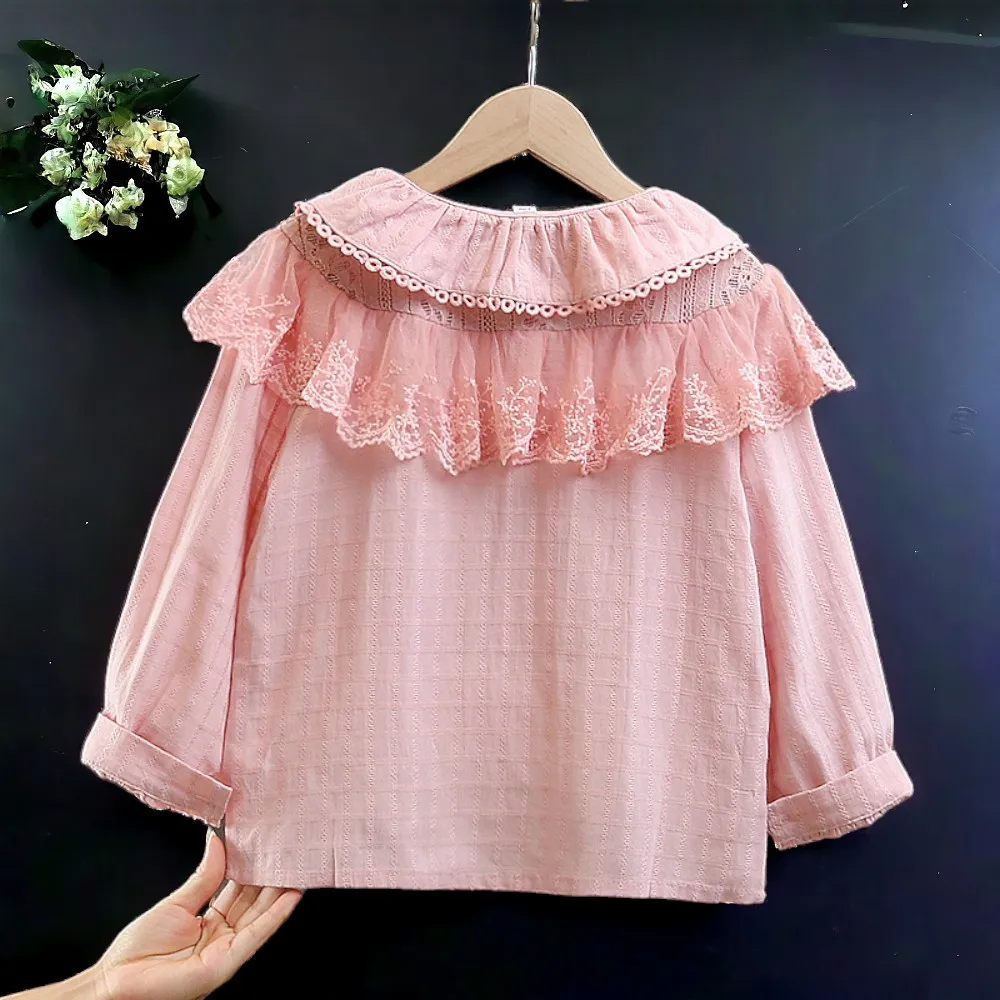 Baby Kids Outfits Girls Shirts Long Sleeve Pink Lace Blouses School Uniform Tops Teenagers Children Costumes  5 7 9 10 12 Years