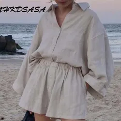 NHKDSASA – ensemble deux pièces pour femmes, tenue de maison 2022 coton et lin, style Boho Vintage, taille haute, ample