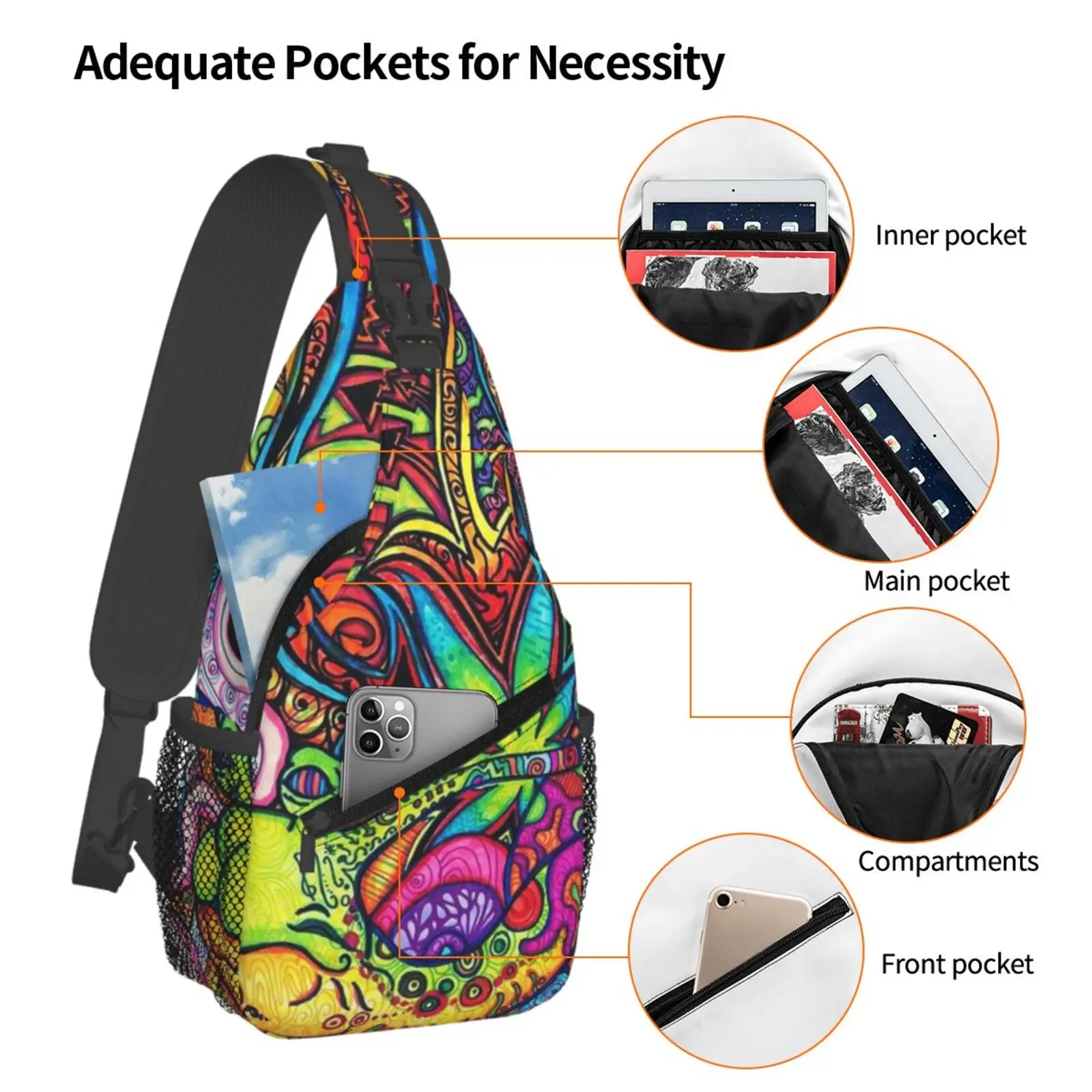 Psychedelic Trippy Rainbow Print Sling Backpack Chest Bag Waterproof Crossbody Travel Hiking Daypack for Women Men Shoulder Bag - view 4