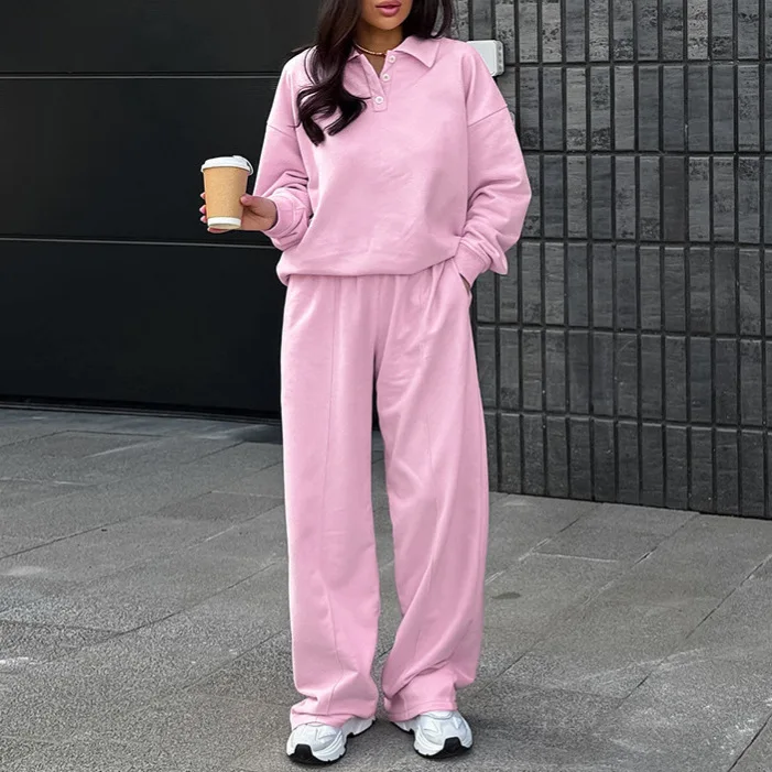 

Fashion Sports Suits For Autumn New Loose Solid Color Lapel Button Long Sleeved Sweatshirt High Waist Wide Leg Pants 2 Piece Set
