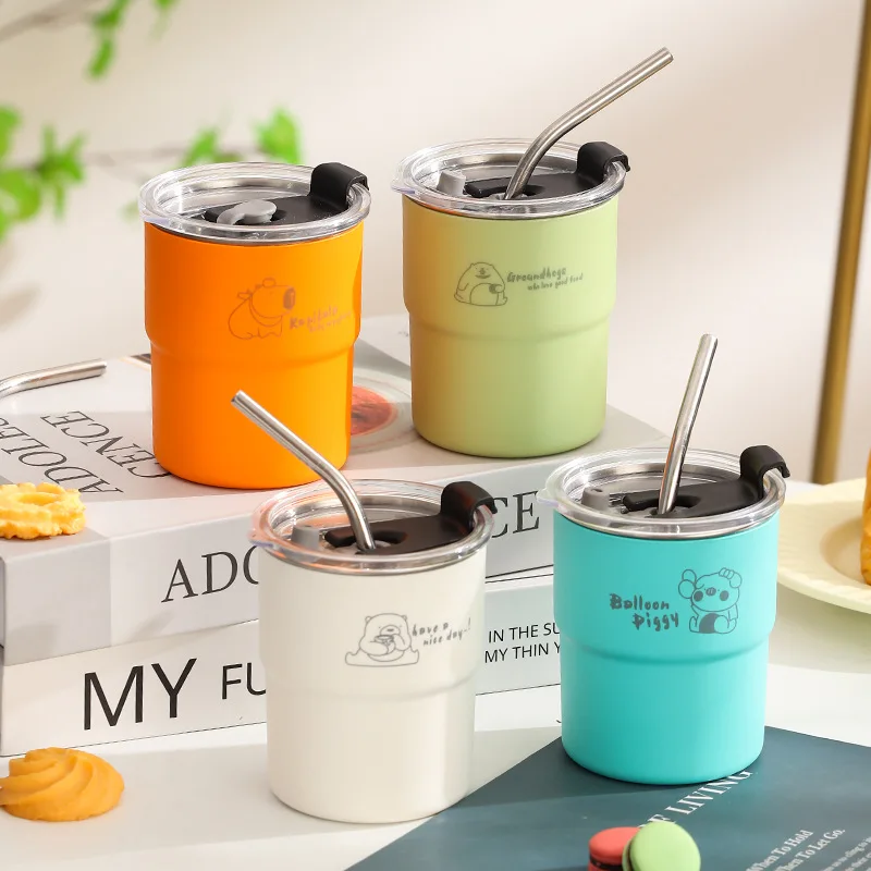 

300ml 304 Stainless Steel Coffee Cup Portable Water Cup Creative Cartoon Mug with Lid Student Household Straw Cup