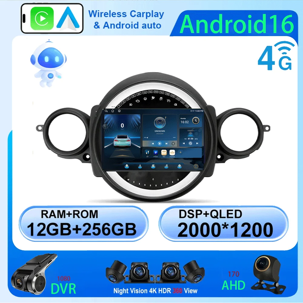 Android16 Radio Qled para BMW MINI Cooper R56 R60 2007 - 2014 sistemas inteligentes de coche navegación GPS Carplay Android auto WIFI + 5G