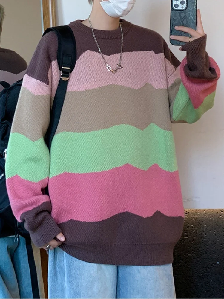 

Striped Loose Fit Knitwear round Ne Pullover for Teenage Boys Autumn Winter Casual Comfortable Soft Color Blo Sweater