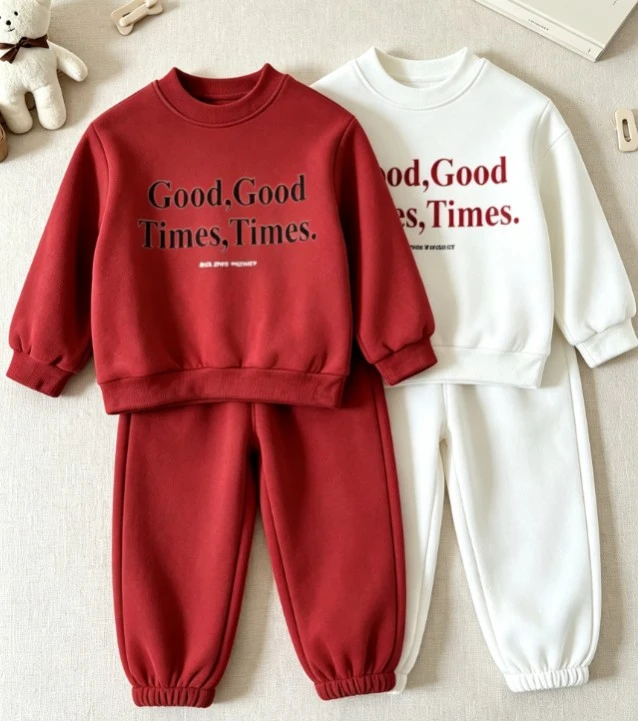 Kids Good Good Times Letter Two Piece Tracksuit Soft Skin Friendly Cotton Crew Neck Sweatshirt And Pants Baby Popular Clothing