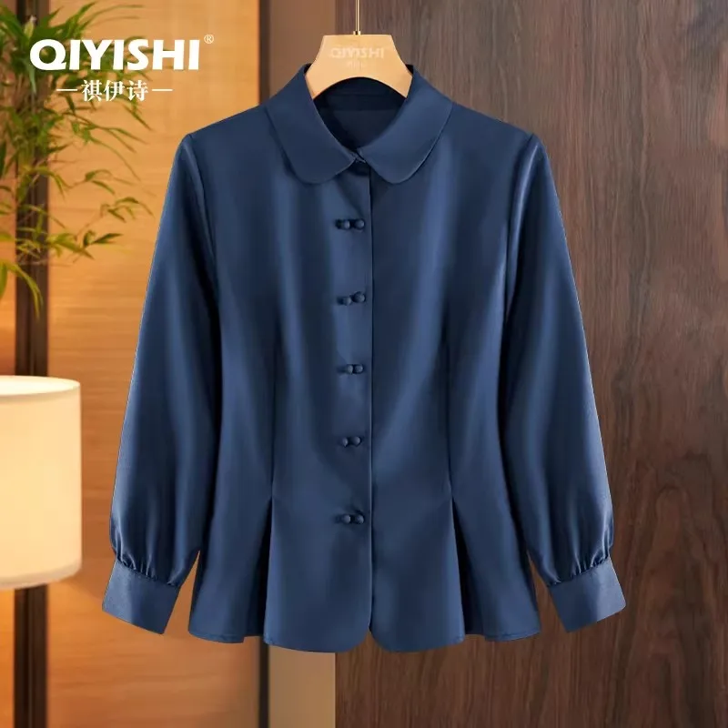 

Милая женская рубашка с воротником Питер Пэн на пуговицах, весенне-летняя, мягкая, гладкая, приталенная, для офиса, топы и блузки для женщин