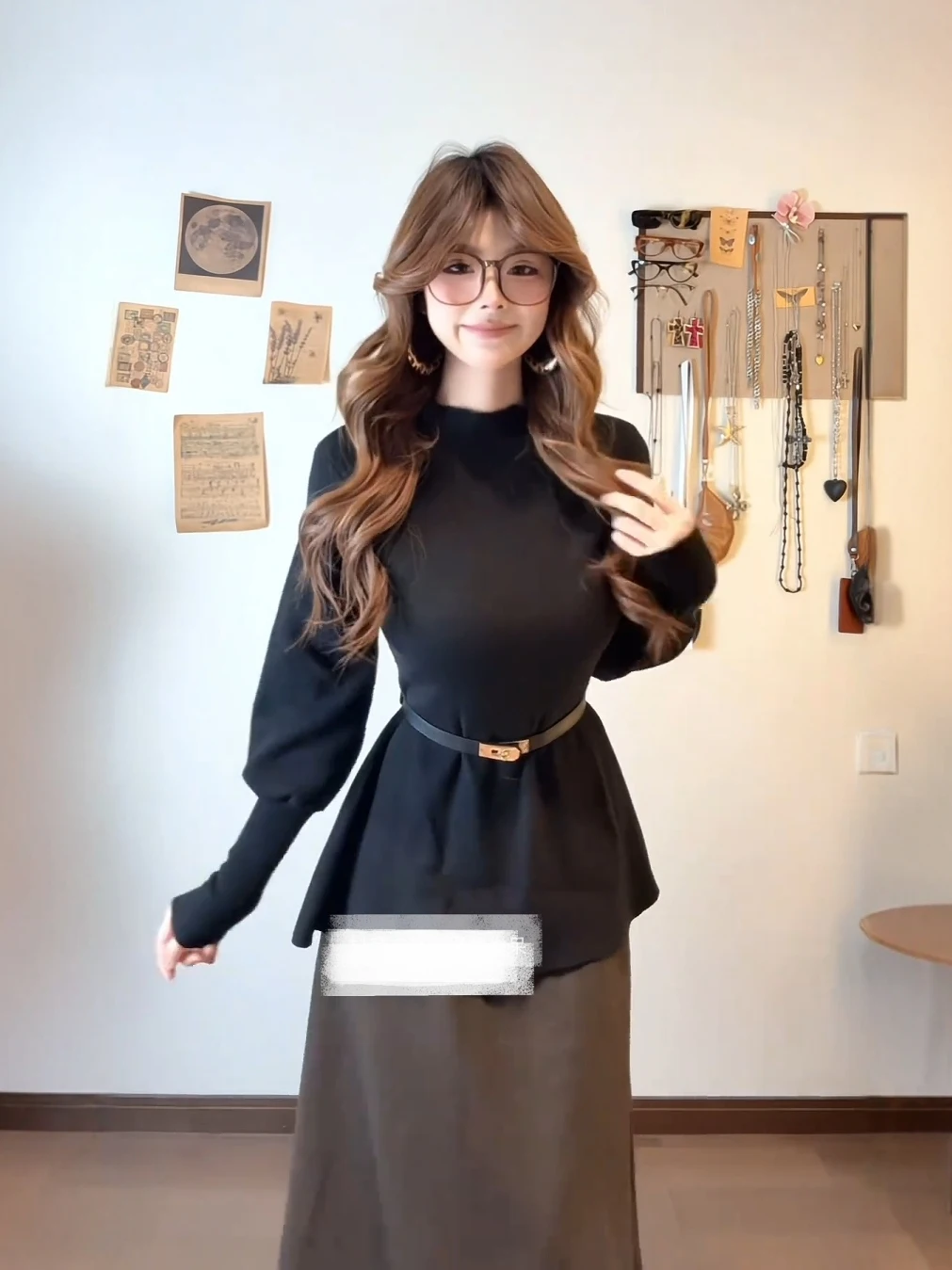 

Bla f-High Collar Lantern Sve Sweater Women Early Spring Belt Waist Inward Matched Tee-Dimensional Skirt Knitted Top