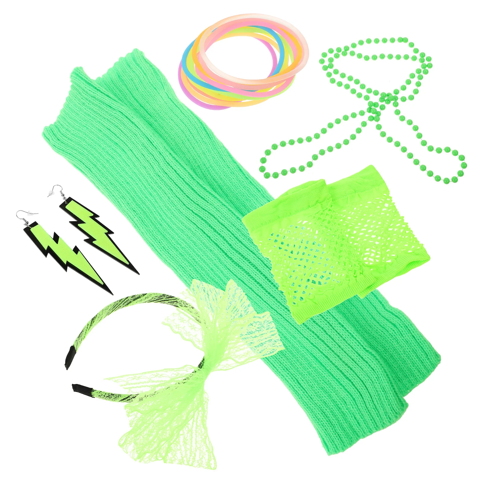 

1 комплект, ретро костюм 80-х годов, неоновое зеленое ожерелье из бисера, кружевная повязка на голову, серьги, гетры для тематической вечеринки 80-х годов, танцев