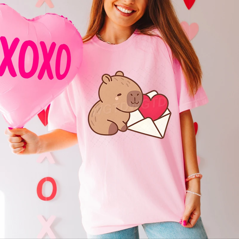 Cute Capybara Clothing T-Shirt Valentine Heart Shirts for Women Capybara Lover Gift Happy Valentine's Day Fashion Casual Tops