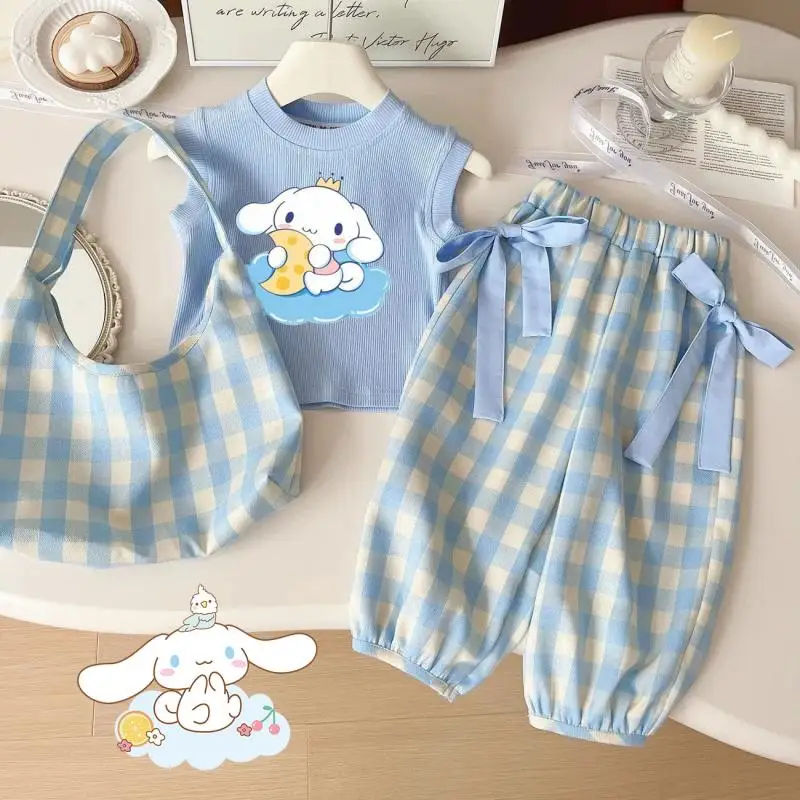 

Anime Cinnamoroll Children's Clothing Cute Sanrios Sleeveless T-Shirt Plaid Pants Sets Girls Fashion Vest Trousers Outfit Gifts