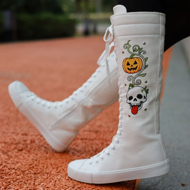 

Womens Boots Classic Breathable Knee-high Canvas Boots Women Lace Up Vulcanized Shoes Non Slip Platform Boots Botas Largas Mujer