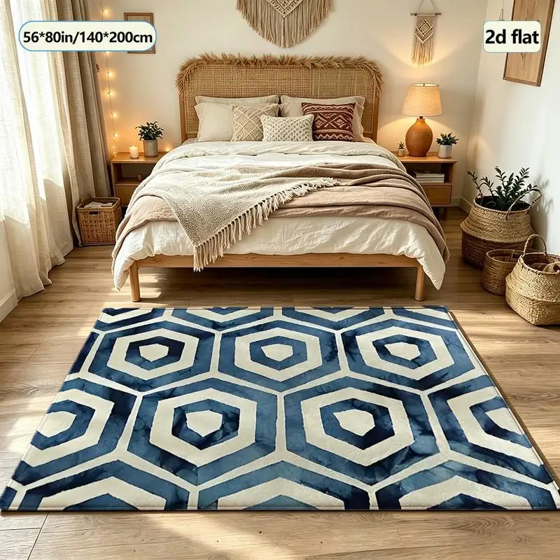 Blue and White Watercolor Hexagonal Geometric Carpet Floor Mat for Home Living Room