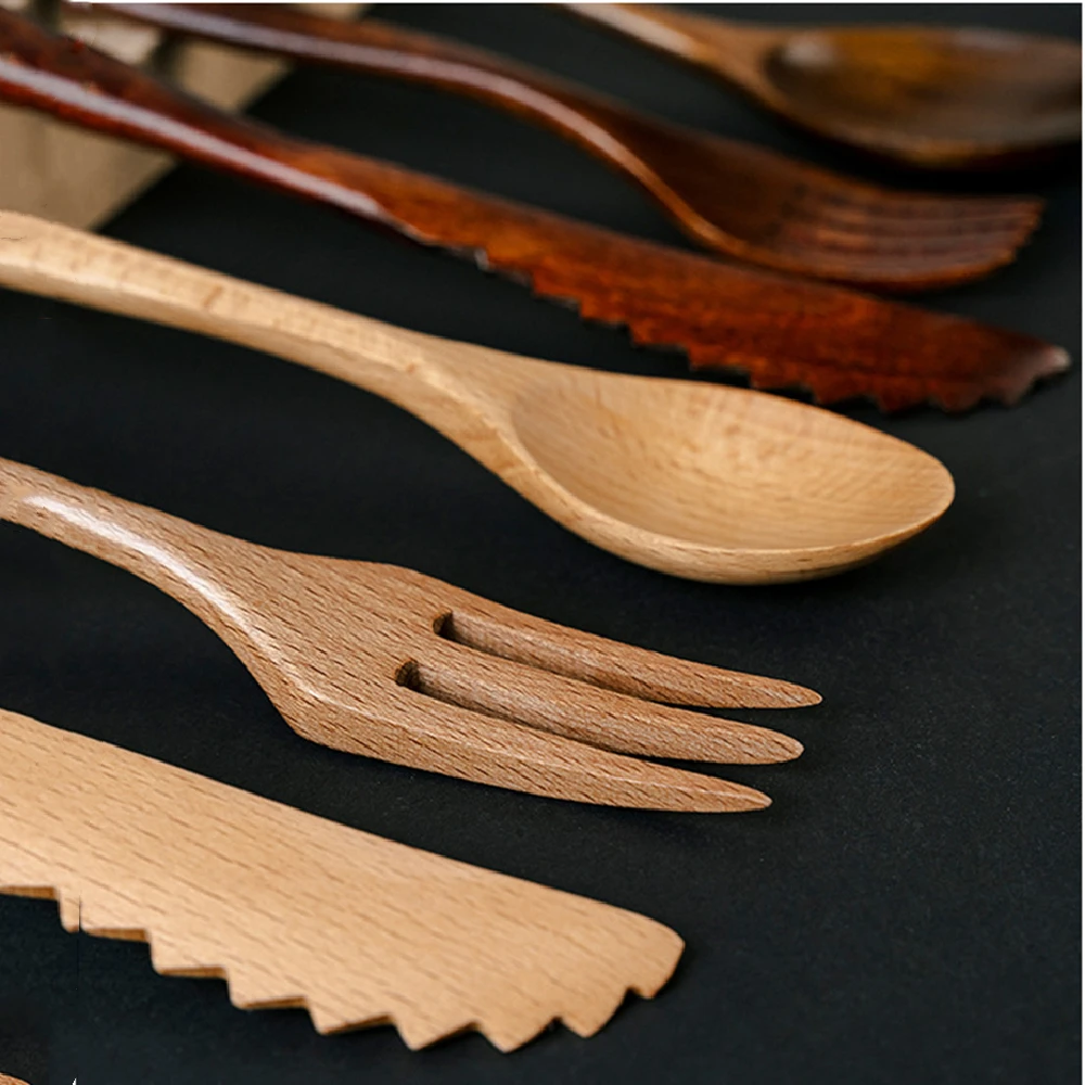 3Pcs Wooden Tableware Set Home Kitchen Cooking Fork and Spoon Natural Teak Table Knife Western Restaurant Coffee Spoon Tool Gift