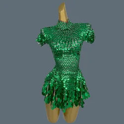Latin Dress Show Stage Wear Green Sequins Short Dresses Women Party Celebriate Birthday Dress Nightclub Dance Costume Jinsique