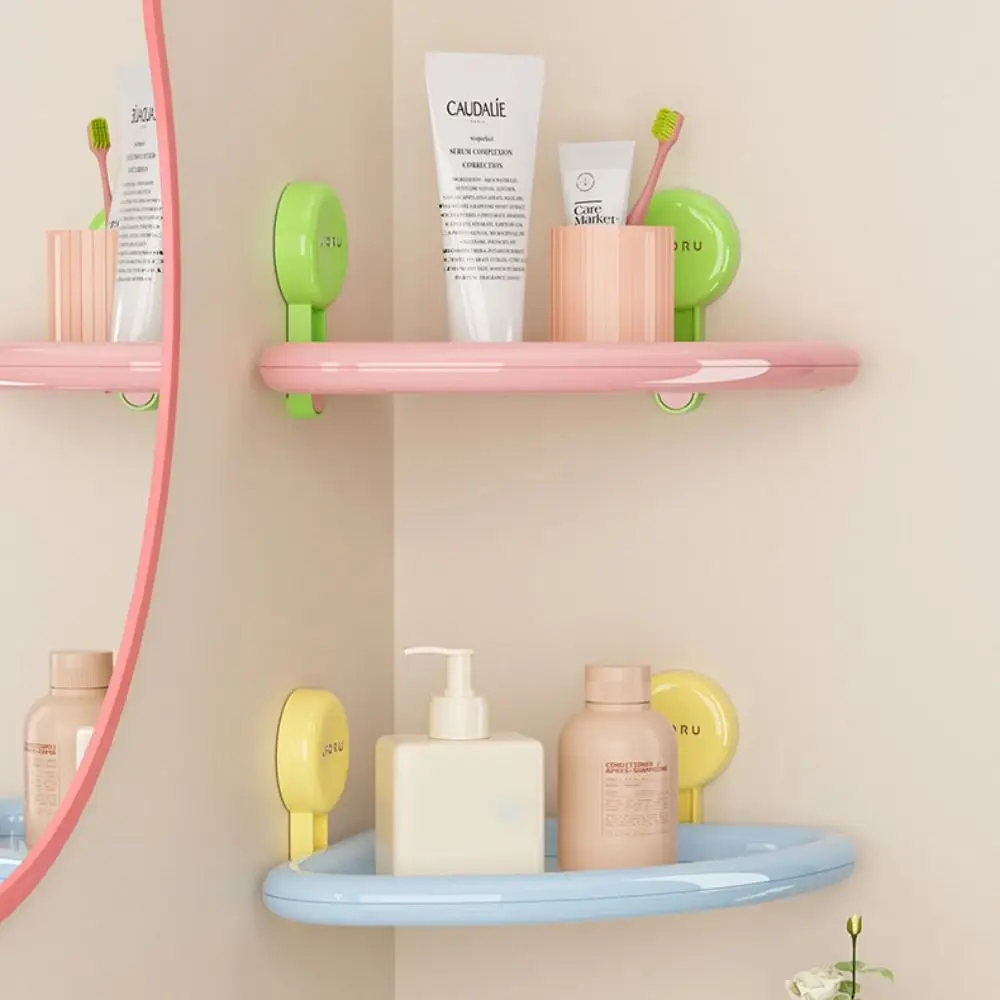 

Plastic Suction Cup Triangle Shelf Dopamine Color Wall Mounted Shower Organizer Punch Free Drainable Corner Storage Shelf Home