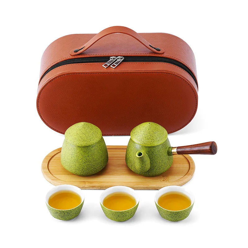 Ceramic Side Handle Teapot Travel Tea Set Black Ceramic Japanese Style Outdoor Portable Tea Tray Bag Factory Direct Sale Customi