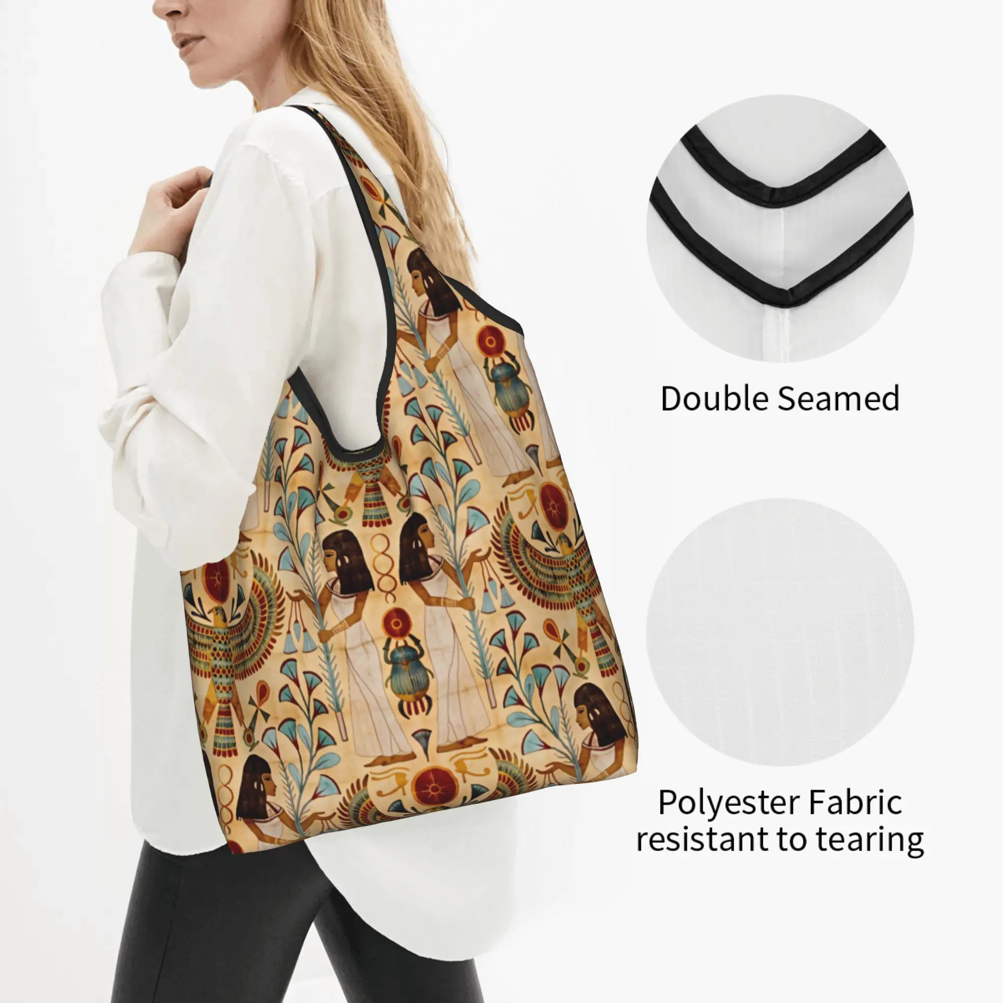 Kawaii Egyptian Scarab Beetle Papyrus Ankh Shopping Tote Bag Portable Wedjat Eye Twin Goddesses Grocery Shoulder Shopper Bag