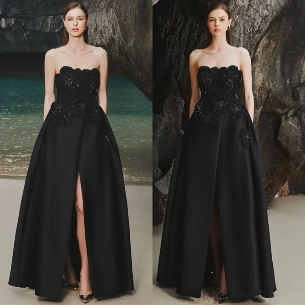 

Customized Luxury Strapless Satin Evening Dress Sexy Sleeveless Cocktail Dresses Exquisite Flowers Special Occasion Gowns