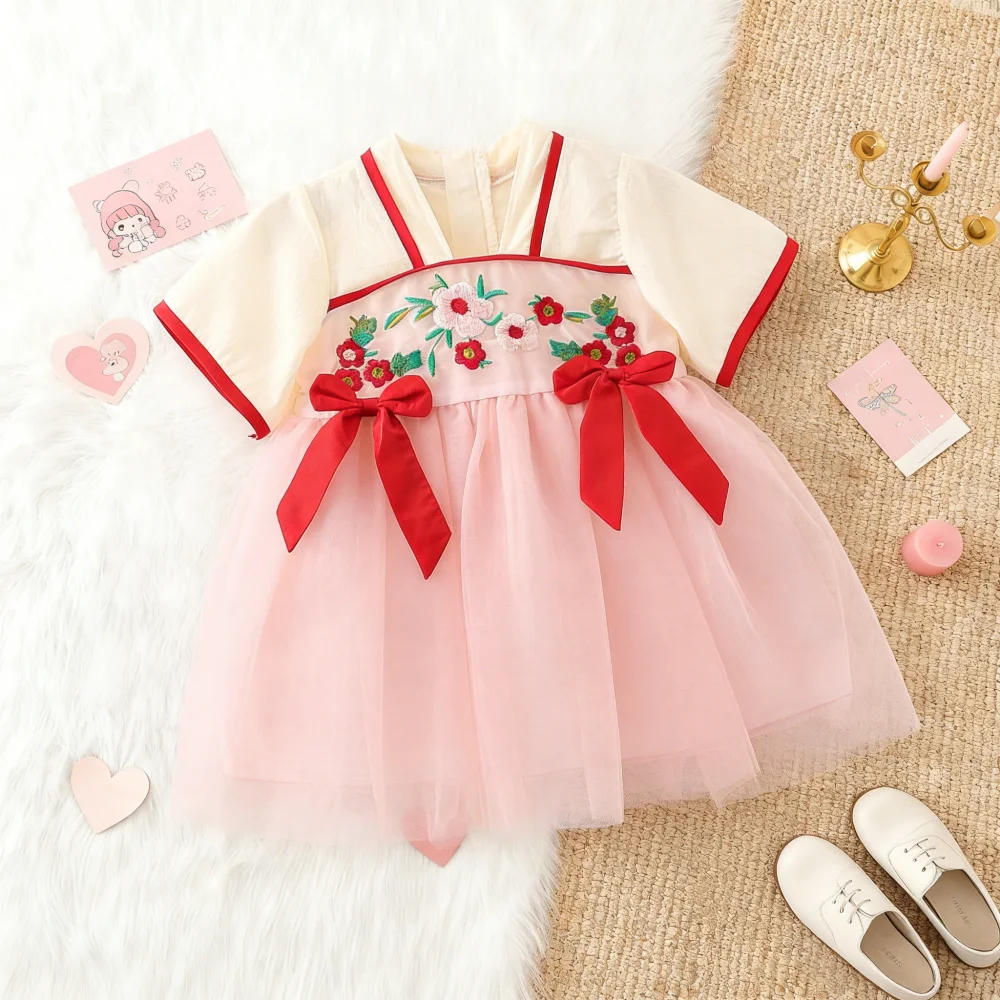 Baby Mädchen Kleid Sommer Floral Mesh Chinesischen Stil Mädchen Kleid Nette Neue Jahr Frühling Festival Baby Kleid Baby Mädchen kleidung