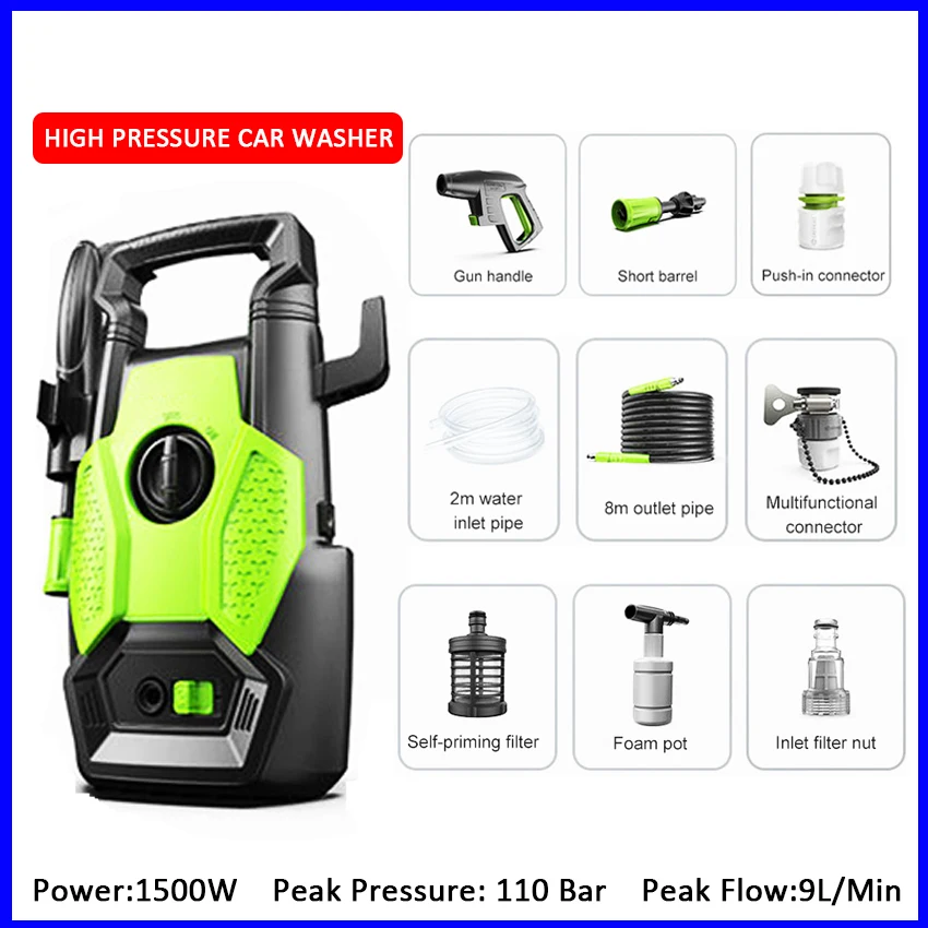 1500W 220V 110bar Pressure Washer Car Dry Cleaning Portable Car Wash and Motorcycle Washing Machine Care Auto Parts